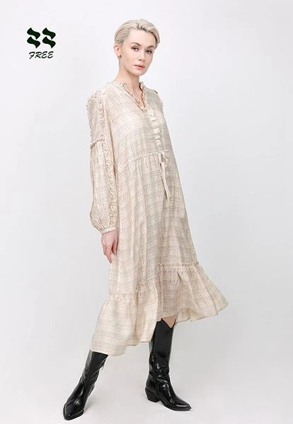 Pembekal Pakaian Midi Lengan Panjang Cetak Cek Ruffled