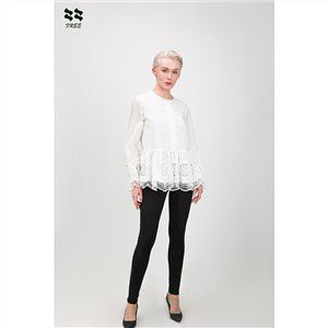 White Cotton Sulaman Blaus dengan Leher Bulat